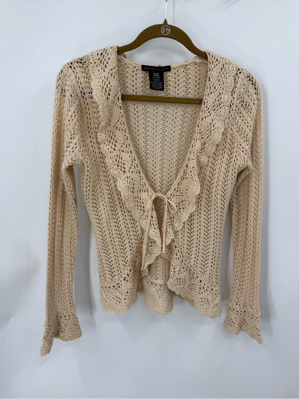 Apostrophe. Whimsical ferry, core Cotton blend crocheted cardigan sweater M